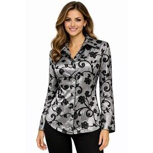 Farina Z Taghavi Blouse Shirt Gray Black Floral 10 Long Sleeve Button Office